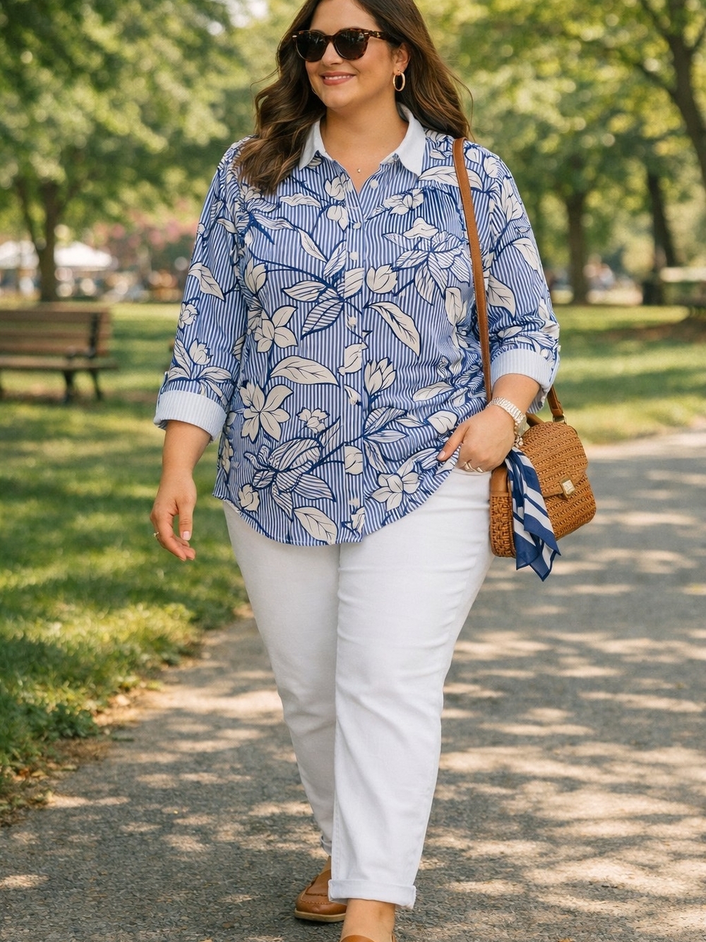 Talbots Blue and White Striped Floral Blouse White Collar And Cuffs 18W